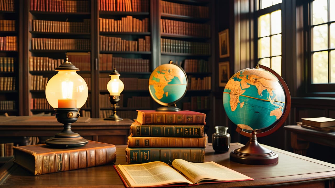  a dimly lit library filled with vintage books, a quill and inkpot on an ancient wooden desk, a globe depicting historical maps, and sepia toned photographs of past eras scattered around. hyperrealistic, full body, detailed clothing, highly detailed, cinematic lighting, stunningly beautiful, intricate, sharp focus, f/1. 8, 85mm, (centered image composition), (professionally color graded), ((bright soft diffused light)), volumetric fog, trending on instagram, trending on tumblr, HDR 4K, 8K