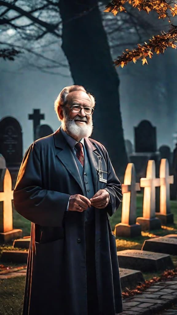  doctor harold shipman with a sinister smile, surrounded by gravestones of elderly patients in a dark, eerie village. hyperrealistic, full body, detailed clothing, highly detailed, cinematic lighting, stunningly beautiful, intricate, sharp focus, f/1. 8, 85mm, (centered image composition), (professionally color graded), ((bright soft diffused light)), volumetric fog, trending on instagram, trending on tumblr, HDR 4K, 8K