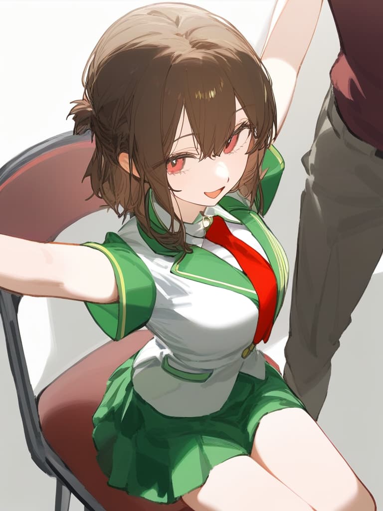  my hero academia hagakure tohru clothing collared shirt (green color :1.5) tie neckwear pleated red tie (((red necktie:1.5))) uniform shirt u.a. high uniform uniform white shirt woman bright red eyes dark brown hair messy (dark brown mullet hairstyle:1.8) hair long bangs eyes half hidden by bangs smiling looking at camera open mouth open mouthed smile smiling standing (((small s:1.5))) (((sitting on a chair:1.3))) (((stretch your arms out in front of you:1.5))) one woman alone eyelashes unusually visible simple background white background high resolution very high resolution