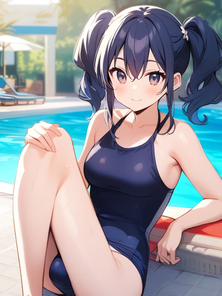  women's elementary students, twin tails, rich smiles, cute smiles, navy blue swimwear, old swimwear, swimwear, simple, male, shaped clear , shaped clear, clear stem, shaped crisp, male bulge,, front. the whole body, pool side,