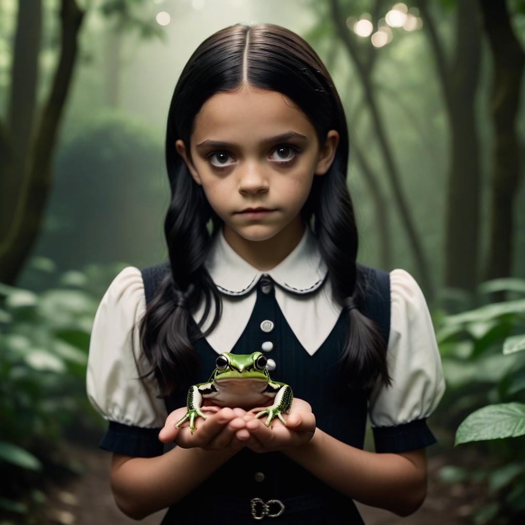  cinematic photo (background) the inscription in gloomy tones "this environment is just a disaster" (medium plan) jenna ortega in the image of wednesday addams holds a frog in the palm of her hand, looks at it intently. . 35mm photograph, film, bokeh, professional, 4k, highly detailed, civitai, on parchment