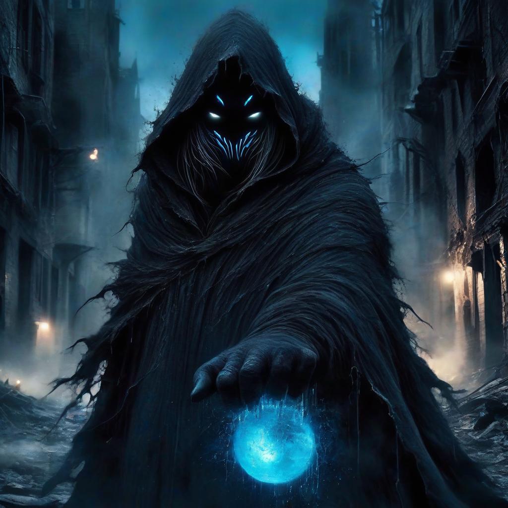  macabre style dark fantasy. stalker, in the hands of a round sphere emitting blue light, in a black long cloak, in a hood, in full growth. in a destroyed post apocalyptic city with buildings destroyed by flames. . dark, gothic, grim, haunting, highly detailed, perfecteyes, perfect hands