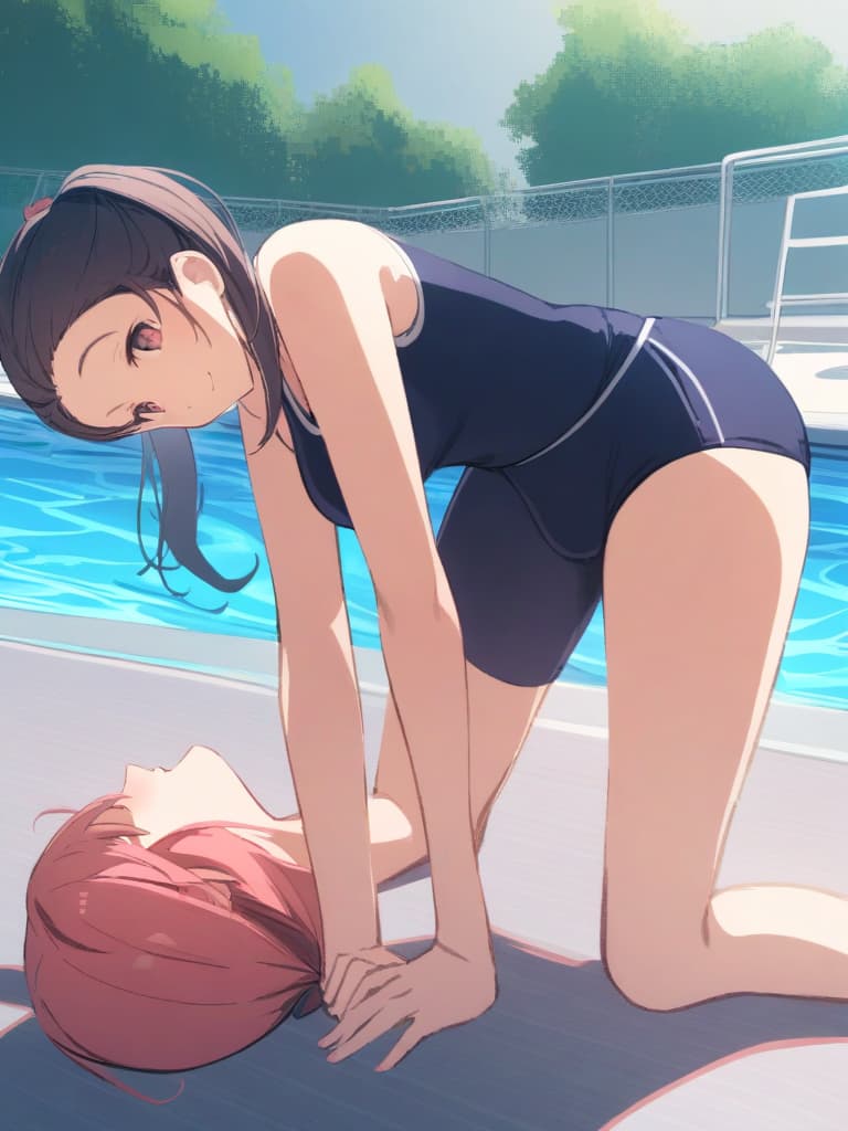  women's elementary students (male), twin tails, cute smiles, (rich s), low stature, dark blue swimwear, old swimwear, , simple, (upward), upward, (bulge), front, whole body, pool side ,,,