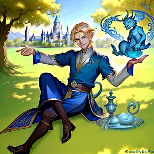  blue eyed god blonde man with short hair in the clothes of the deity sits on the grass and smiles, magic, dragons, elves, castles, by donato giancola, ruan jia, kekai kotaki, magali villeneuve, even mehl amundsen