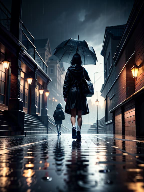  master piece, best quality, ultra detailed, highres, 4k.8k, A young , Walking down the stairs, Happy, BREAK Young s enjoying the rain, Train station staircase, Umbrella, raindrops, puddles, BREAK Rainy and refreshing, Glistening and reflective surfaces, clothing, starry,strry light,night,colorful,cloud