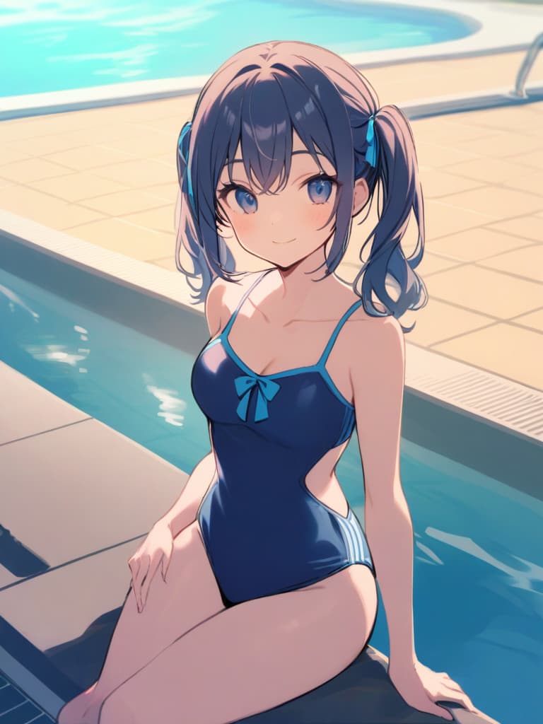  women's elementary student, dark blue swimwear, old swimwear, swimwear, swimwear, simple, male , clear, clear, shaped clear, , front, cute smile, twin tails, whole body, pool side, pool side, pool side.