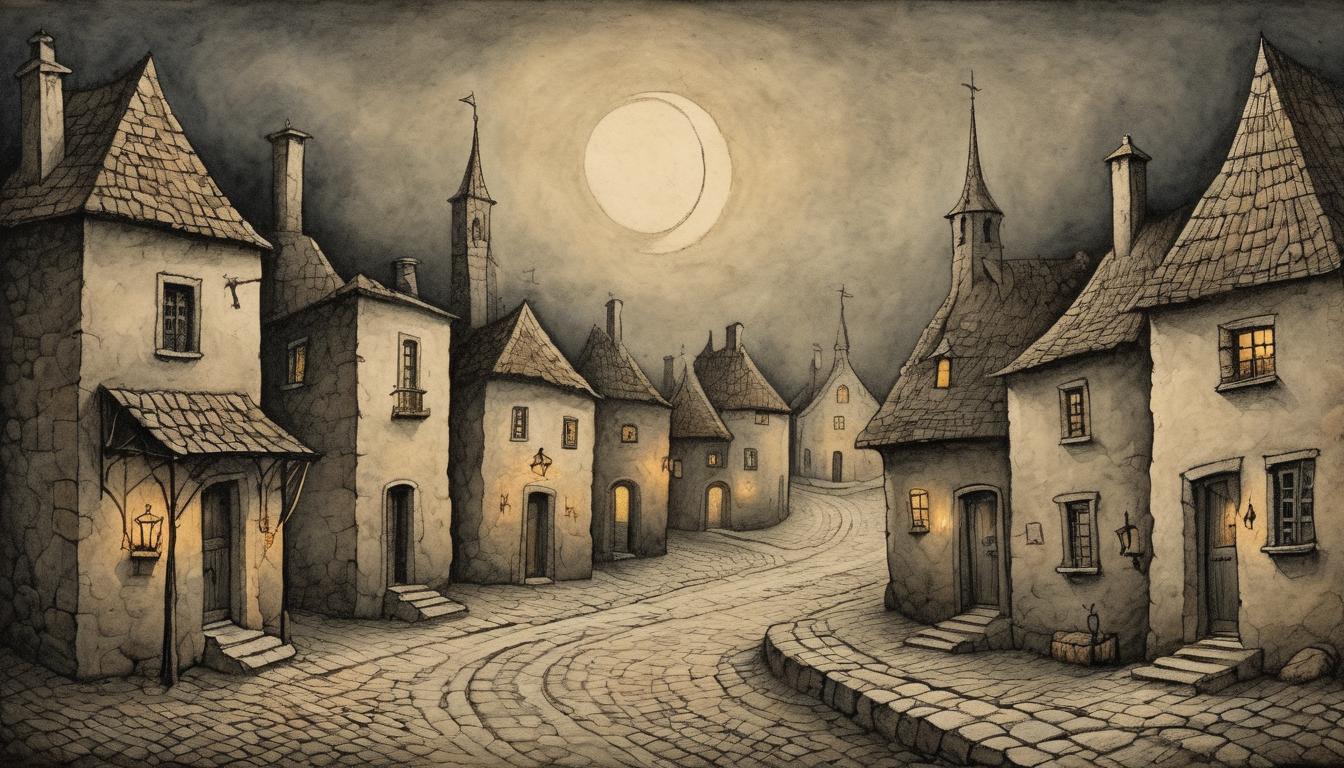  on parchment, surrealism++, nighttime village with small, dimly lit houses, narrow cobblestone streets, constrained atmosphere, melancholy, isolation(mysterious, provocative, symbolic)++