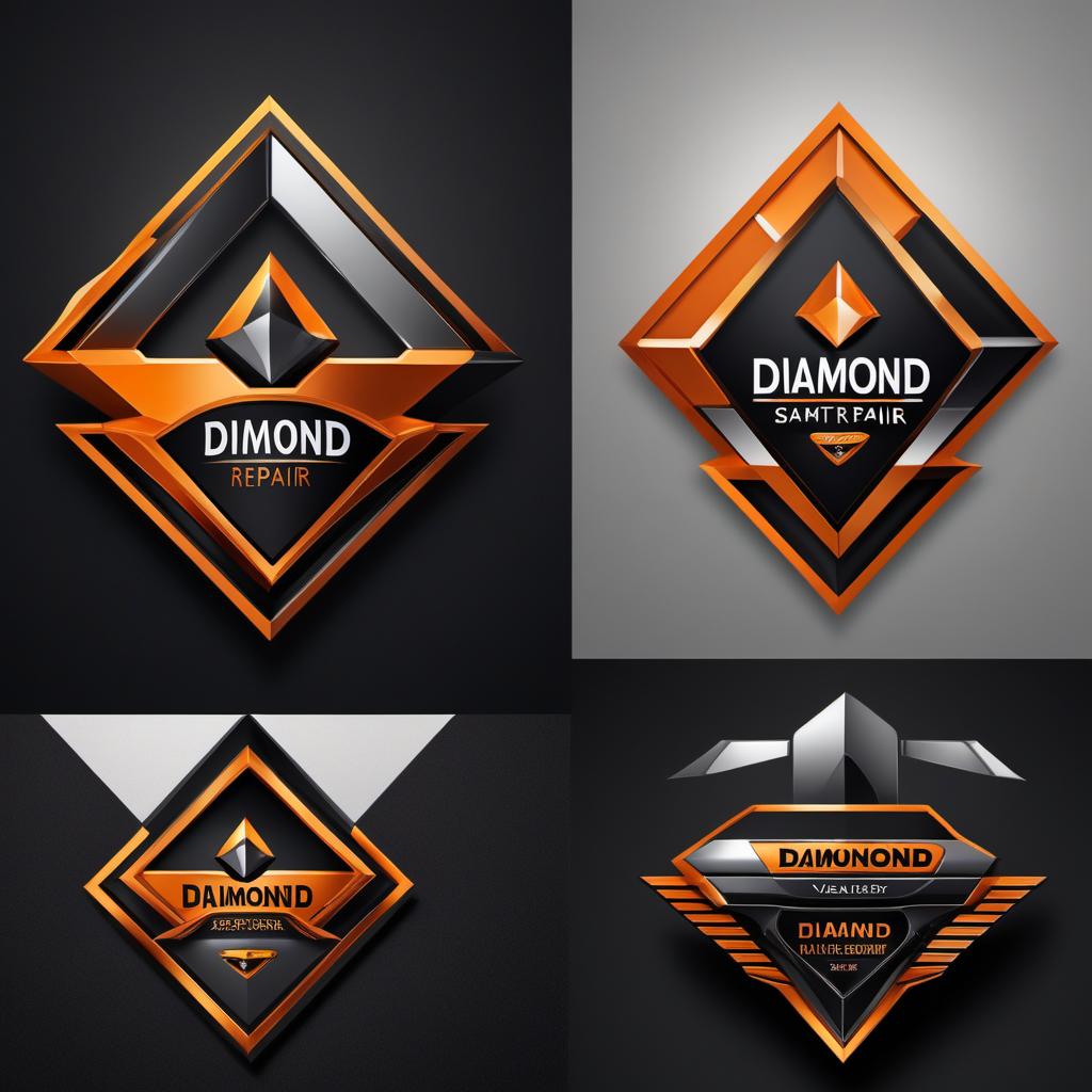  Create additional logo variations for 'Diamond Smart Repair'. Each logo should prominently feature a shining diamond and a car shadow, and use the colors black and orange. The design should convey sophistication and energy. Generate diverse and unique designs to provide more choices. hyperrealistic, full body, detailed clothing, highly detailed, cinematic lighting, stunningly beautiful, intricate, sharp focus, f/1. 8, 85mm, (centered image composition), (professionally color graded), ((bright soft diffused light)), volumetric fog, trending on instagram, trending on tumblr, HDR 4K, 8K