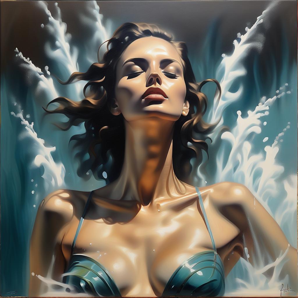  oil on canvas sketch of a model under water jets in the style of roberto ferri