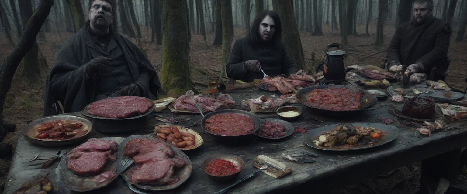  macabre style a feast of prisoners in the forest near the house of the huntsman, the huntsman himself and other people who are not prisoners is not in the picture. on the table should be meat, there may be cutlets, tartar, and in the center of the table should be baked organs such as the heart and stomach. . dark, gothic, grim, haunting, highly detailed