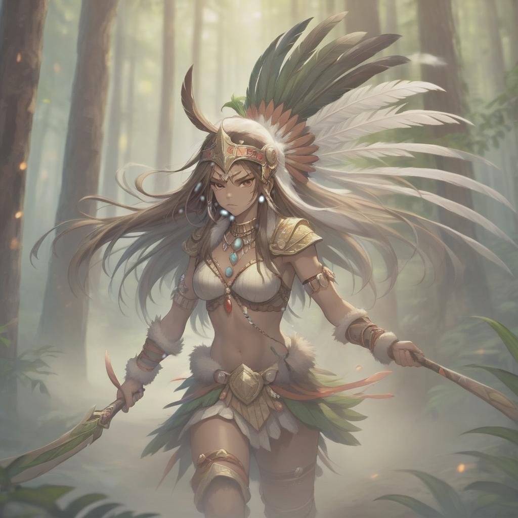  long exposure photo of rage strong amazonas warrior, long hair, tilting head down, mantle, shoulder pad feather, accessory necklace with pearls on the forehead, in forest . blurred motion, streaks of light, surreal, dreamy, ghosting effect, highly detailed, sticker, hkmagic