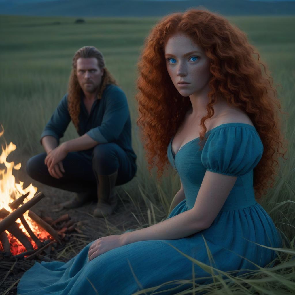  merida woman with long red curly hair and blue eyes in blue dress sits near man with blown hair and green eyesin front of fire in at night field with tall grass they sit together next to fire