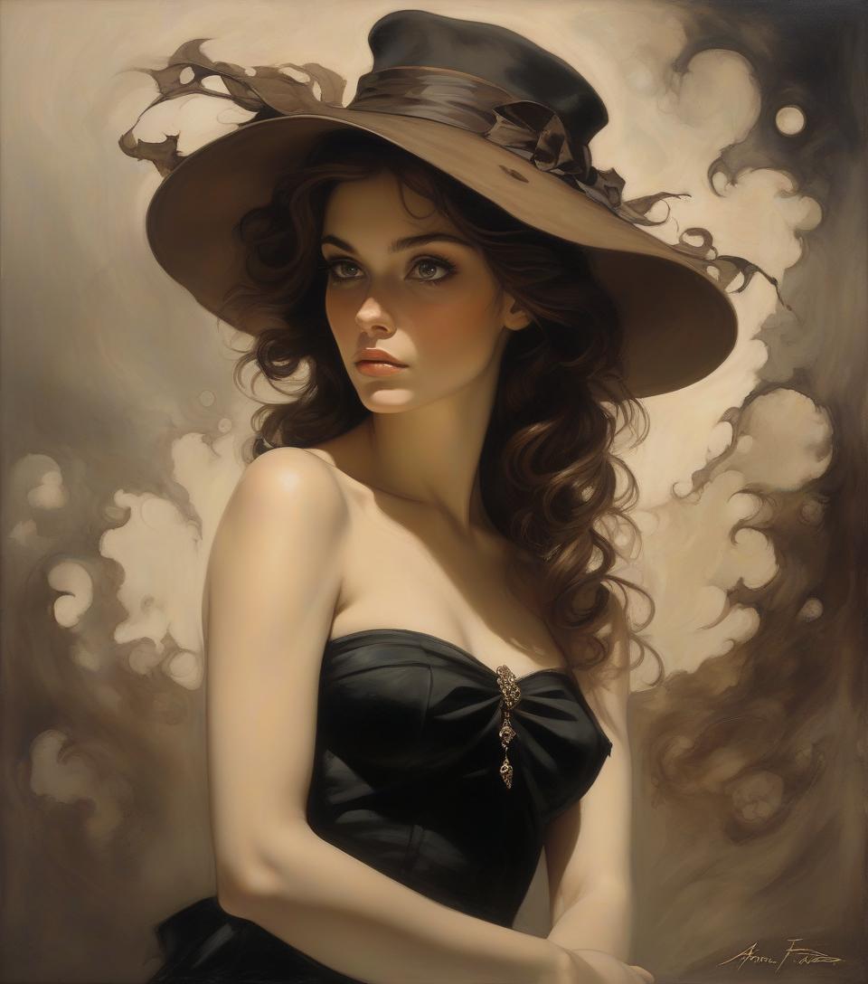  oil on canvas, young woman, wearing black dress, brown hair and brown eyes,hat, frank frazetta, arthur rackham, alberto seveso, sandro botticelli style.