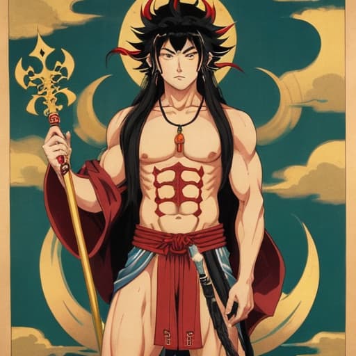  Fudo Myoo is wearing an open-chested vestment, his lower half of his body is well covered, he has long hair with a permed head, a long trident in his right hand and a five-colored cord in his left hand, and an angry expression on his face. He looks cool. Male Retro