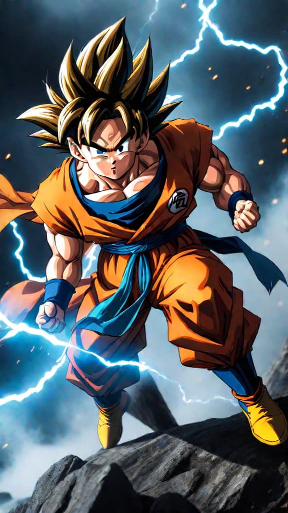  anime art of goku from dragon ball honing his skills on namek, achieving his first super saiyan transformation. hyperrealistic, full body, detailed clothing, highly detailed, cinematic lighting, stunningly beautiful, intricate, sharp focus, f/1. 8, 85mm, (centered image composition), (professionally color graded), ((bright soft diffused light)), volumetric fog, trending on instagram, trending on tumblr, HDR 4K, 8K