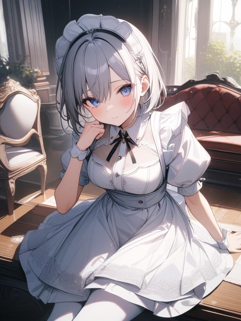  big s, silver hair, blue eyes, white maid, white headdress, beautiful , cute, white tights, short hair, front, large s, masterpiece, best quality,8k,ultra detailed,high resolution,an extremely delicate and beautiful,hyper detail