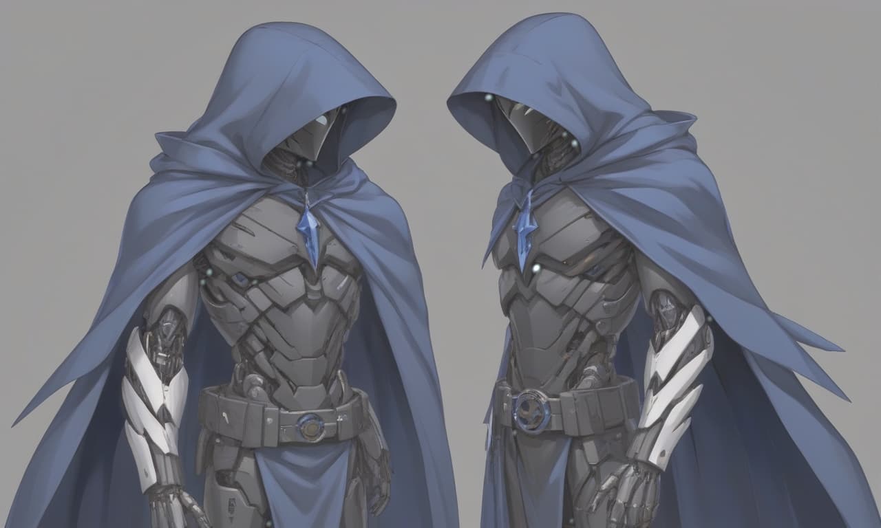  robotic human crow, human complication, crow's head, made in dark blue and black, it has a cape with a hood, on the belt there is a pair of three kunai