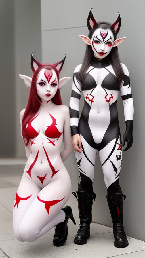  White and red bat pattern body paint in every corner of the body, silver body paint all over the body, Grey face paint on the face, Two dark elfs, full body image 女性