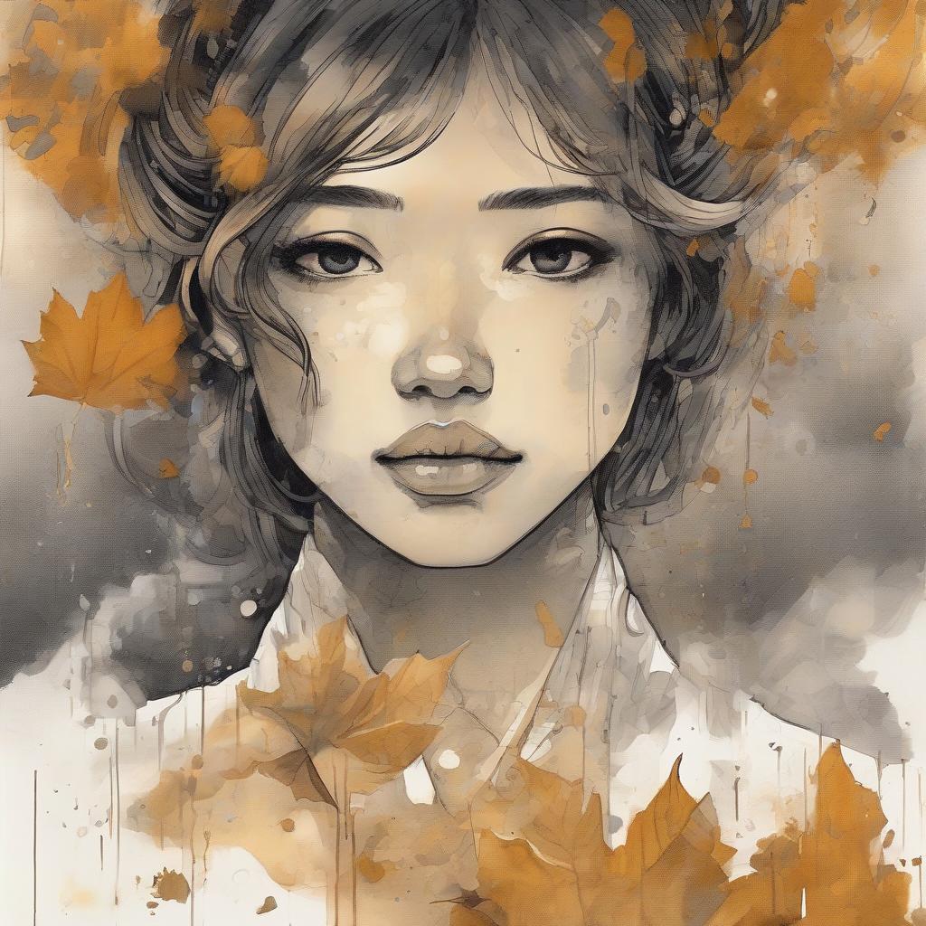  art deco, the face of a japanese girl close up, transparent, take her strokes, blots, autumn ocher leaves, clouds, dark tones, streams from rain, ancient ink drawing, the futility of being and loneliness