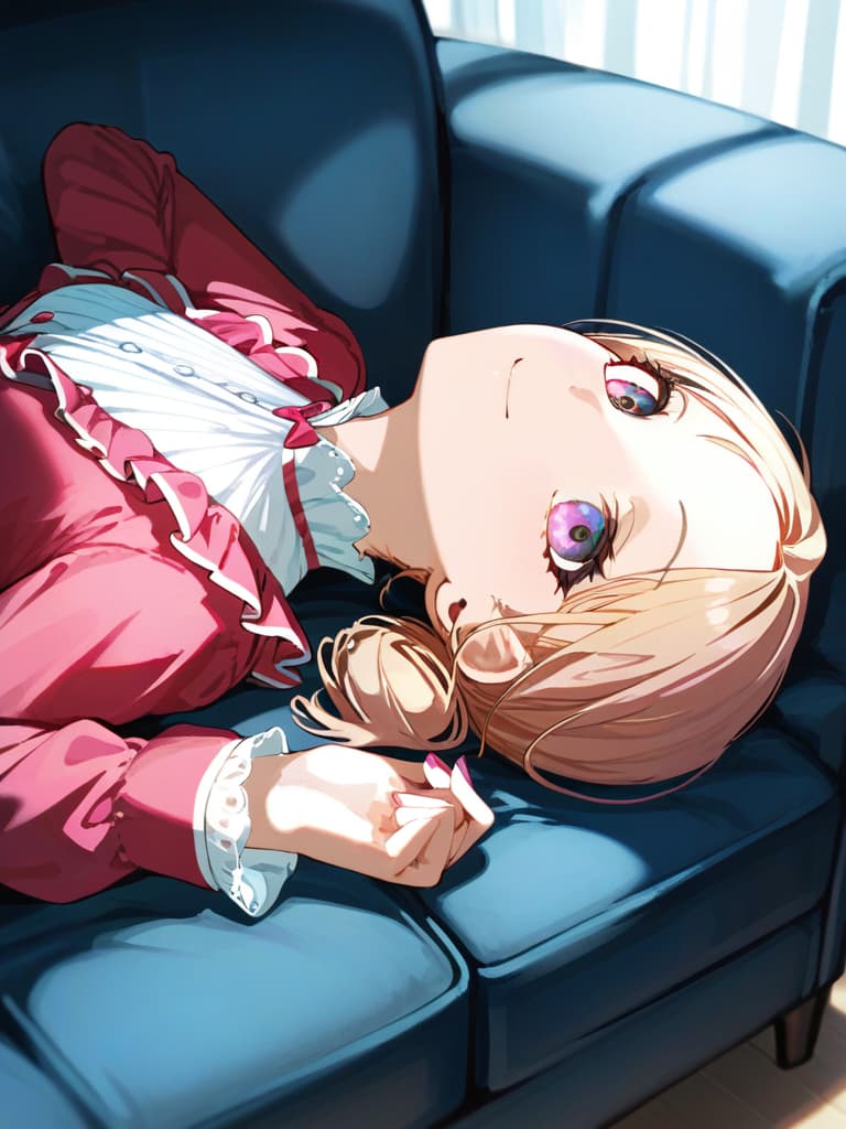  ultra detailed:1.2,masterpiece:1.2,best quality,masterpiece,bestquality,hdr:1.1,8k:1.1,very cute girl:1.3,(pink color,long sleeve frill dress,pants set:1.6),(lying on side:1.4),smile:1.4 ,(blonde hair,twintail,drill hair:1.3) ,(on the couch:1.7),upper body:1.3,dutch angel:1.5,close mouth,(upside down:1.7)(from above:1.1)((eyes highlight:1.1))