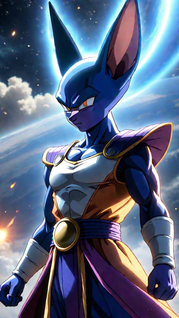  anime art: beerus's influence on planet vegeta's destruction in dragon ball super. hyperrealistic, full body, detailed clothing, highly detailed, cinematic lighting, stunningly beautiful, intricate, sharp focus, f/1. 8, 85mm, (centered image composition), (professionally color graded), ((bright soft diffused light)), volumetric fog, trending on instagram, trending on tumblr, HDR 4K, 8K