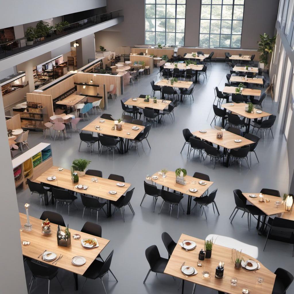  aerial view of high school cafeteria layout that is cozy and not cold feeling, please warm and creative , mystical style