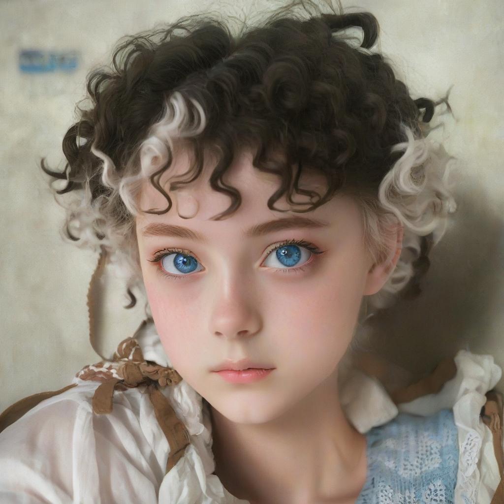  anime artwork beautiful anime photo of a girl with blue eyes and very short and very curly hair . anime style, key visual, vibrant, studio anime, highly detailed, film photography style