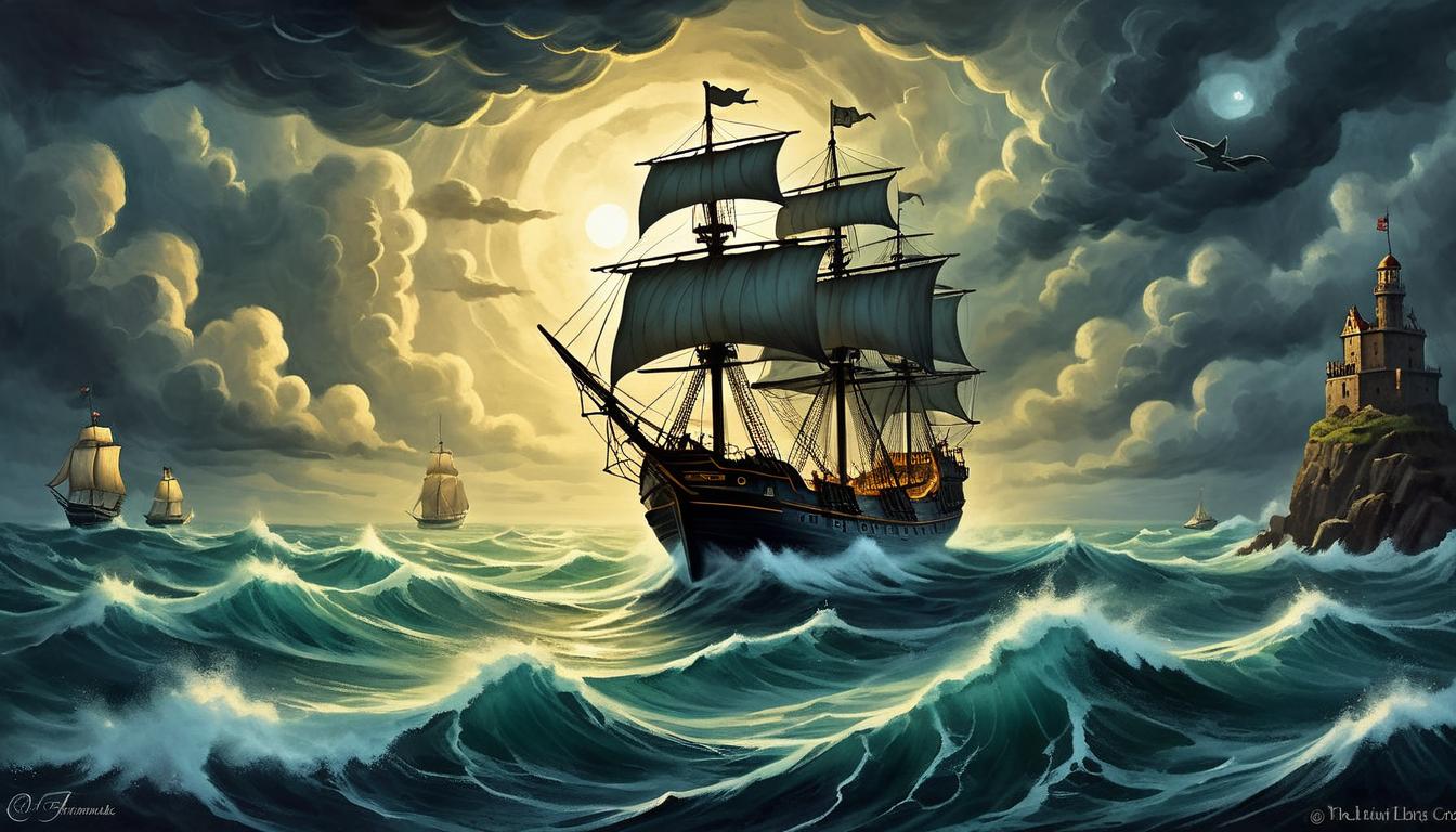  on parchment, surrealism+++, a dark stormy sea with a single ship navigating the rough waters, radiant light glowing from within the ship's cabin, hidden strength, perseverance, unseen support(mysterious, provocative, symbolic,muted color)+++