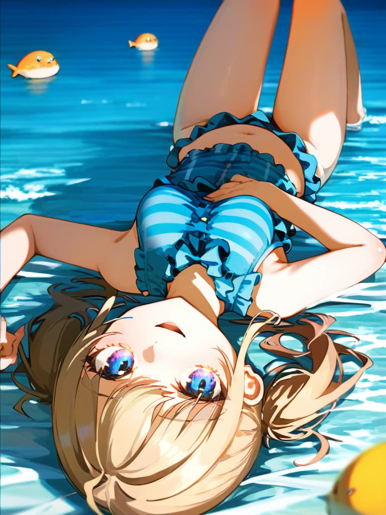  ultra detailed:1.2,masterpiece:1.2,best quality,masterpiece,bestquality,hdr:1.1,8k:1.1,very cute girl:1.3,(blue color,frill swimwear:1.6),(lying,at striped float bed on sea:1.8) ,smile:1.4 ,(blonde hair,twin tail,drill hair:1.3) ,(on the sea:1.7),cowboy shot:1.3,dutch angel:1.5,open mouth,(upside down:1.7)(from above:1.1)((eyes highlight:1.1))