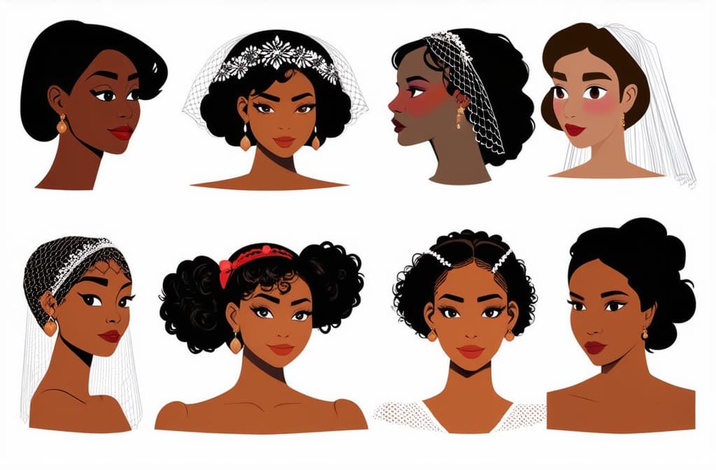  flat illustration, flaticon, (illustration:1.15), different beauty. set of different female heads in wedding veil. different races and nationalities. colored hand drawn illustration ar 3:2, [cory loftis, strobist, pascal campion :: 0.2]