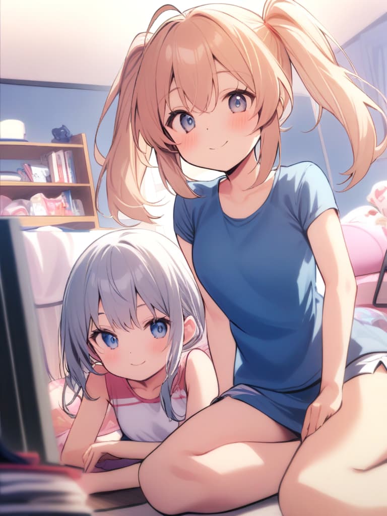  women's elementary students, twin tails, cute smiles, big s, old swimwear (dark blue, ), girls who have grown, shaped crisp (chinchin), girl room,