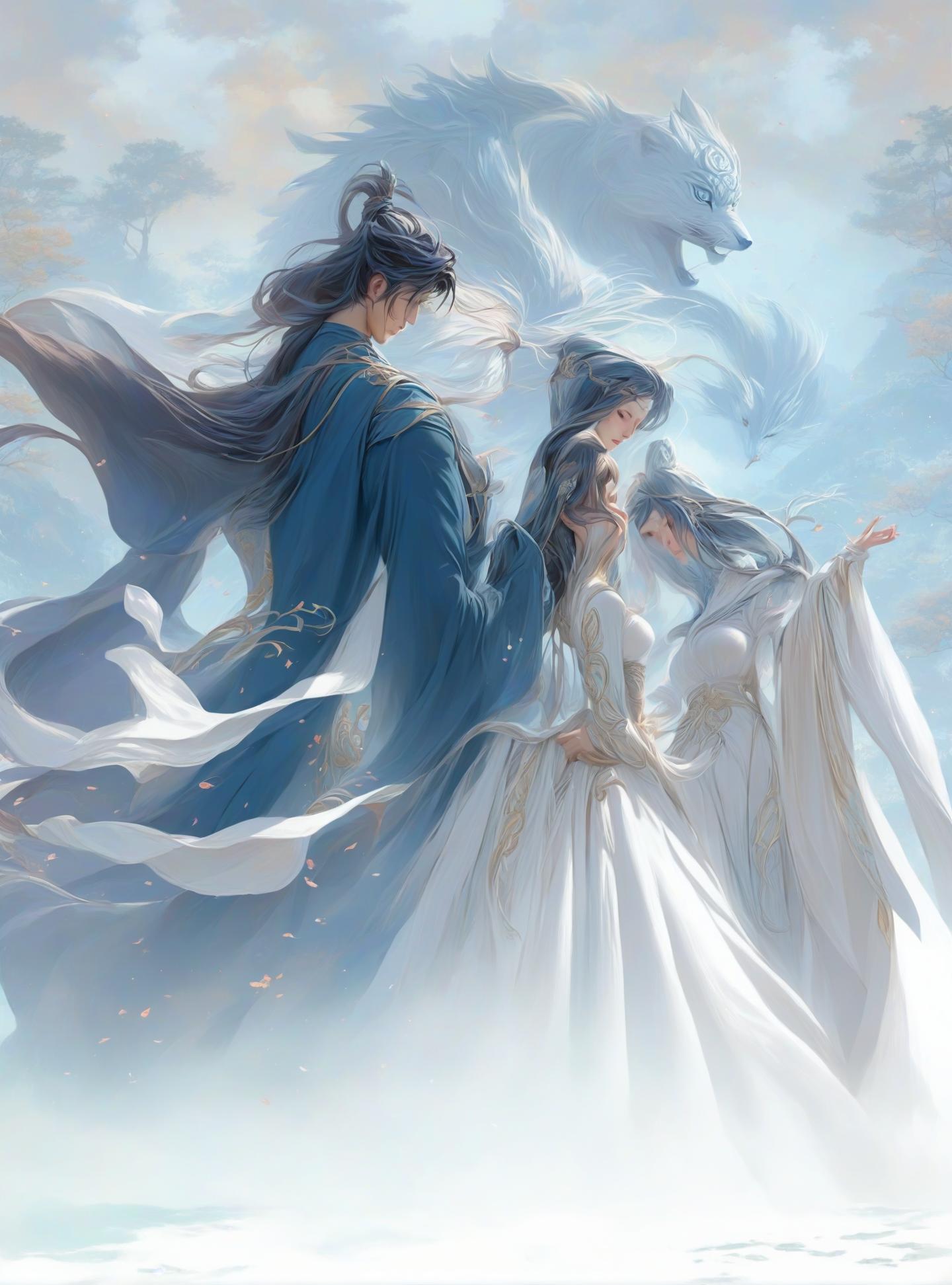  a male and female character stand in a dream like natural setting. reflecting the style of eastern fantasy aesthetics.