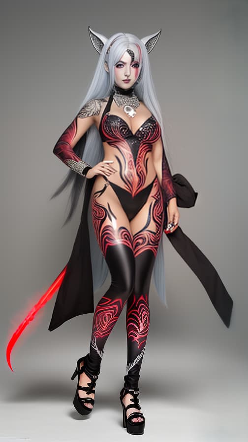  Full body red flame pattern body paint, Silver body paint on the whole body, Silver face paint on the face, Dark elf 女性