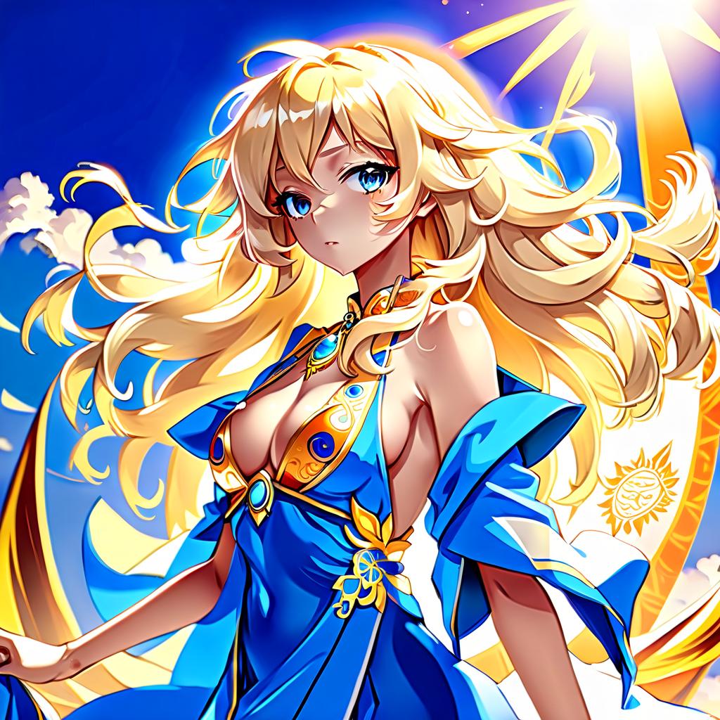  anime artwork divine robe, girl, sun goddess, blonde, wavy hair, perfect body, blue, tanned skin. . anime style, key visual, vibrant, studio anime, highly detailed, perfecteyes, perfect hands