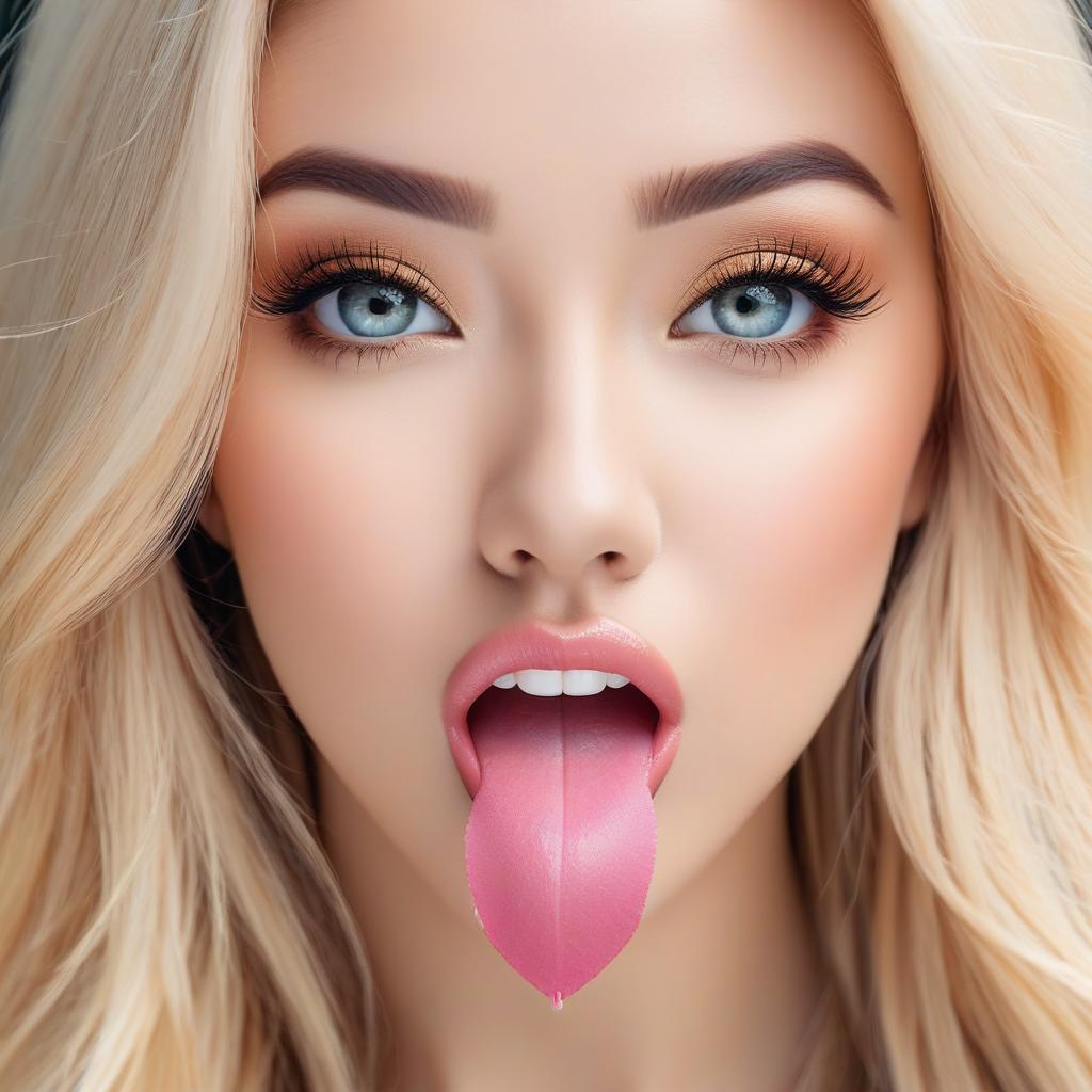  beautiful blonde woman sticking her large flat tongue fully out, 4k ultra hd with a matte color pallet, award winning, professional, highly detailed, masterpiece