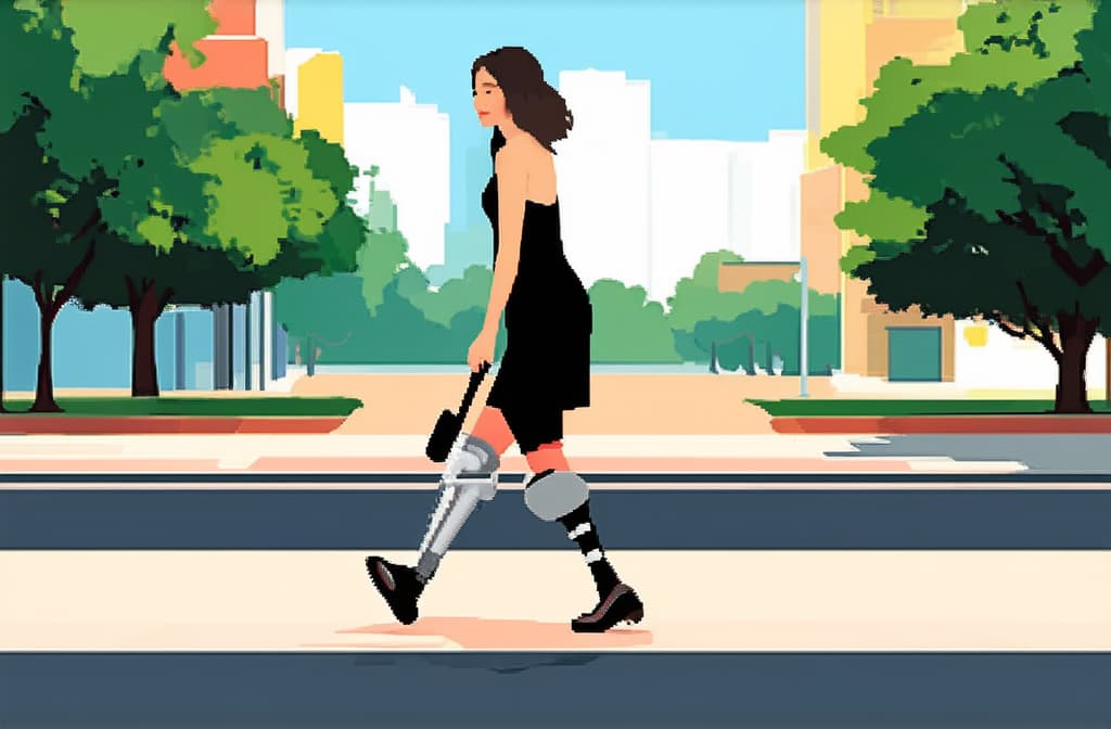  flat illustration, flaticon, (illustration:1.15), a woman with a prosthetic leg walks along a city sidewalk. minimalism style ar 3:2, [cory loftis, strobist, pascal campion :: 0.2]