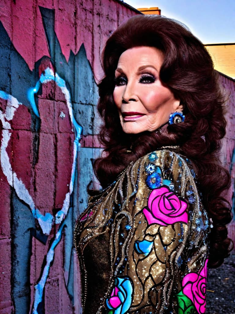  The young country singer Loretta Lynn, medium shot, upper body, spotlight, long exposure lighting, street art style spray paint, glamour lighting