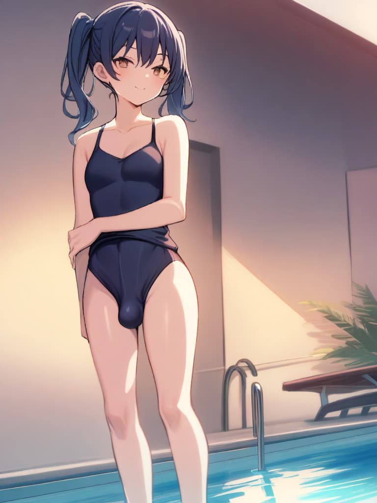  women's elementary students (male), twin tails, cute smiles, (rich s), low stature, dark blue swimwear, old swimwear, , simple (upward), male , (bulge), shaped clear , front , whole body, pool side,