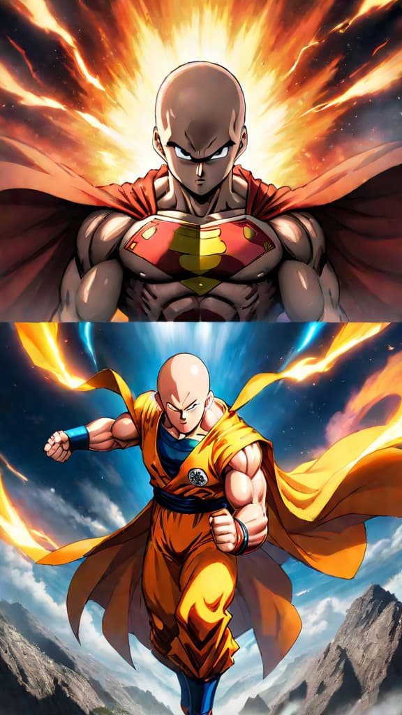  anime art of saitama's legendary punch facing goku's limitless evolution in a climactic clash. hyperrealistic, full body, detailed clothing, highly detailed, cinematic lighting, stunningly beautiful, intricate, sharp focus, f/1. 8, 85mm, (centered image composition), (professionally color graded), ((bright soft diffused light)), volumetric fog, trending on instagram, trending on tumblr, HDR 4K, 8K