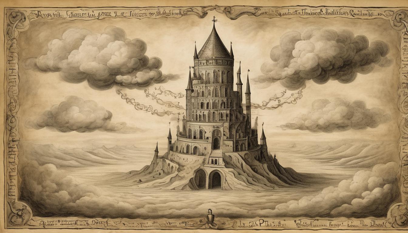  on parchment, surrealism++, tower reaching into the clouds, scrolls unraveling, sense of unattainable knowledge(mysterious, provocative, symbolic)++