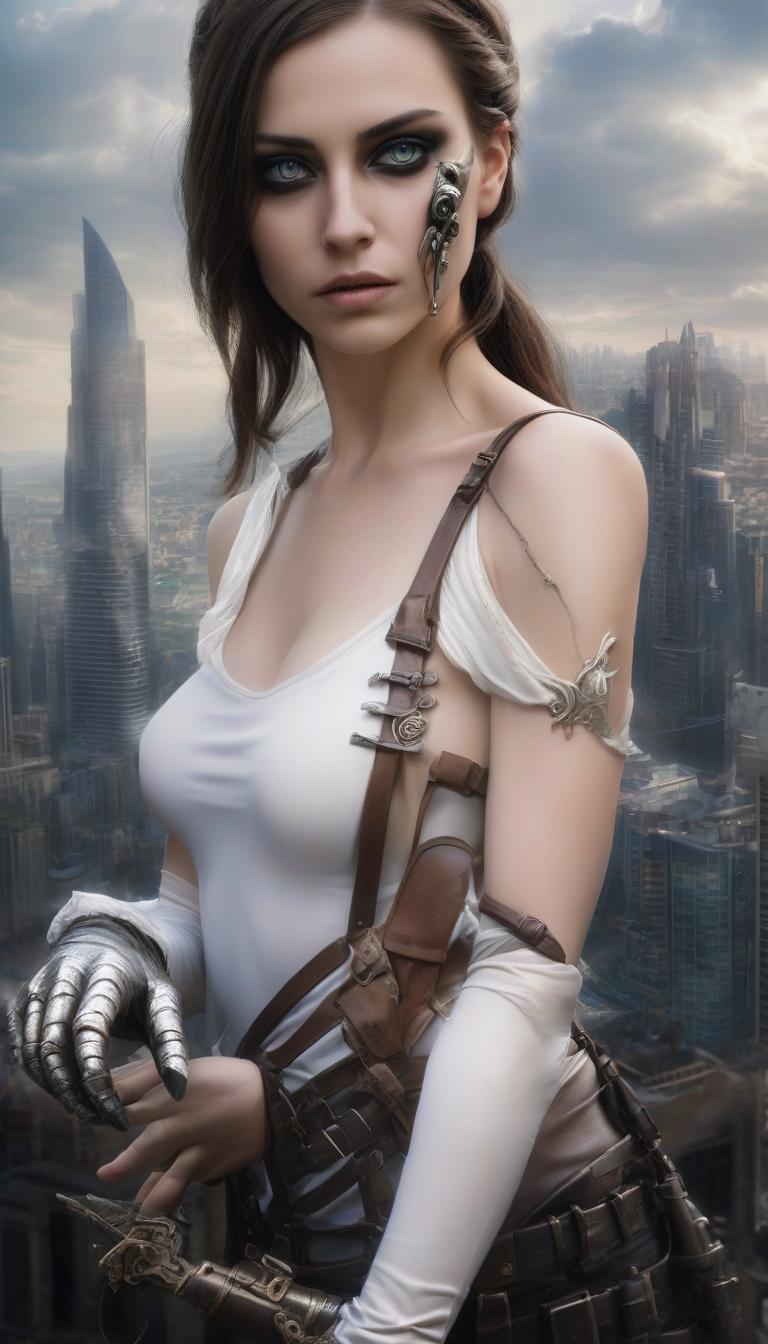  fantasy, woman, robber, prosthetic hand, city