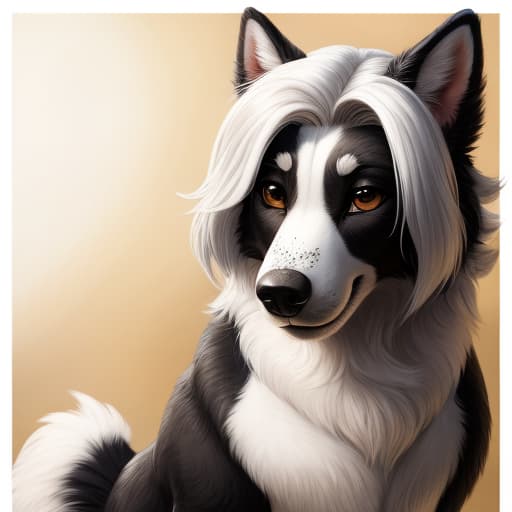  White Border collie, white fur, black freckles, black ears, black nose, detailed fur, fluffy, long fluffy tail, white hair, big ass, beautiful, stunning, gorgeous, art by smittyg, open eyes, masterpiece, 4k, fine details,