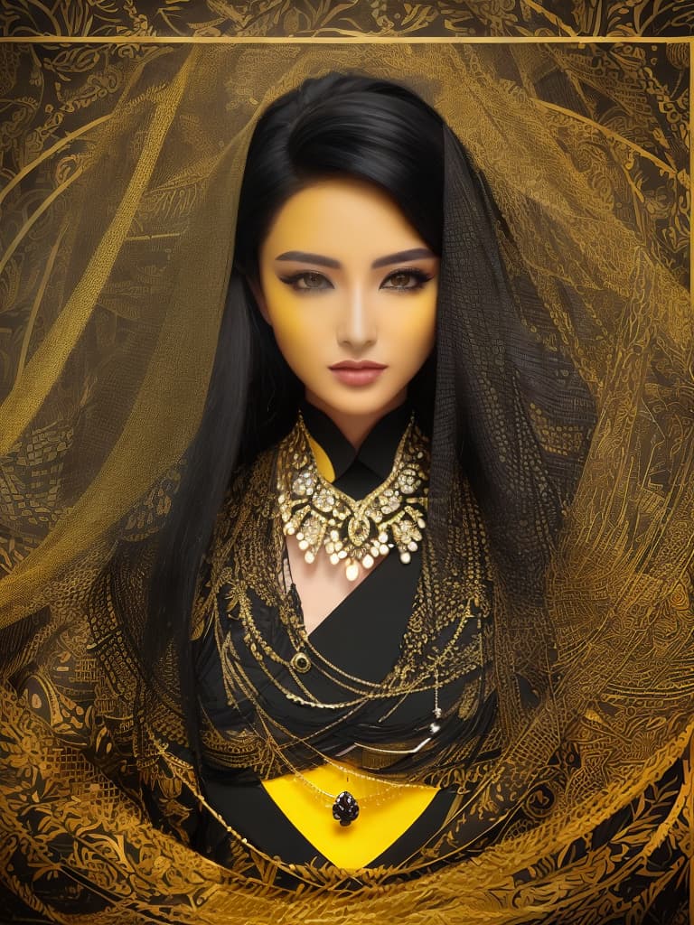  Golden yellow and sleek black color palette, captivating and inviting expression, exuding elegance and charm, magnetic beauty, intricate details, high contrast, luxurious feel, digital art, female, glossy finish, striking composition, dynamic lighting to enhance features.