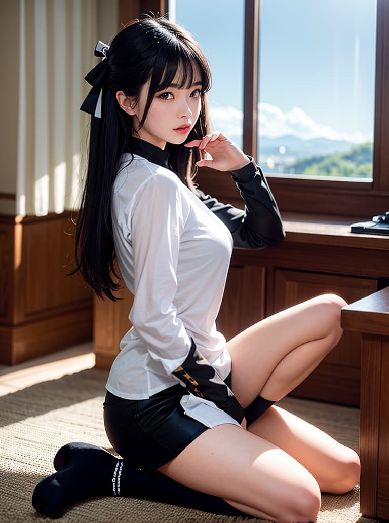  cinematic, best quality, photo, 1girl, , female , , ren wear, hair ribbon, socks, waring clothes, loose wearing, close up, beautiful black hair, lay down on desk, cl room, , morning, 30mm, f2.8, beautiful sky, beautiful back ground, beautiful face, beautiful eyes, detailed face, hyperrealistic, full body, detailed clothing, highly detailed, cinematic lighting, stunningly beautiful, intricate, sharp focus, f/1. 8, 85mm, (centered image composition), (professionally color graded), ((bright soft diffused light)), volumetric fog, trending on instagram, trending on tumblr, HDR 4K, 8K