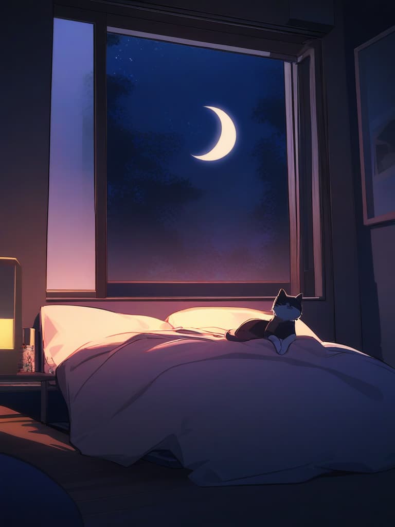  1cat,small cat ,japanese cat ,（（bed in dark room）），crescent moon on the window，sit on the bed ，look at the window ，view from the room to the window ，midnight,