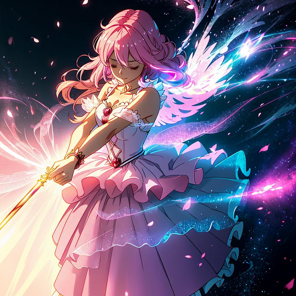  a magical girl with a wand and a pink dress, in the dark and atmospheric style of magica quartet and ume aoki, with detailed character designs and dramatic lighting. hyperrealistic, full body, detailed clothing, highly detailed, cinematic lighting, stunningly beautiful, intricate, sharp focus, f/1. 8, 85mm, (centered image composition), (professionally color graded), ((bright soft diffused light)), volumetric fog, trending on instagram, trending on tumblr, HDR 4K, 8K