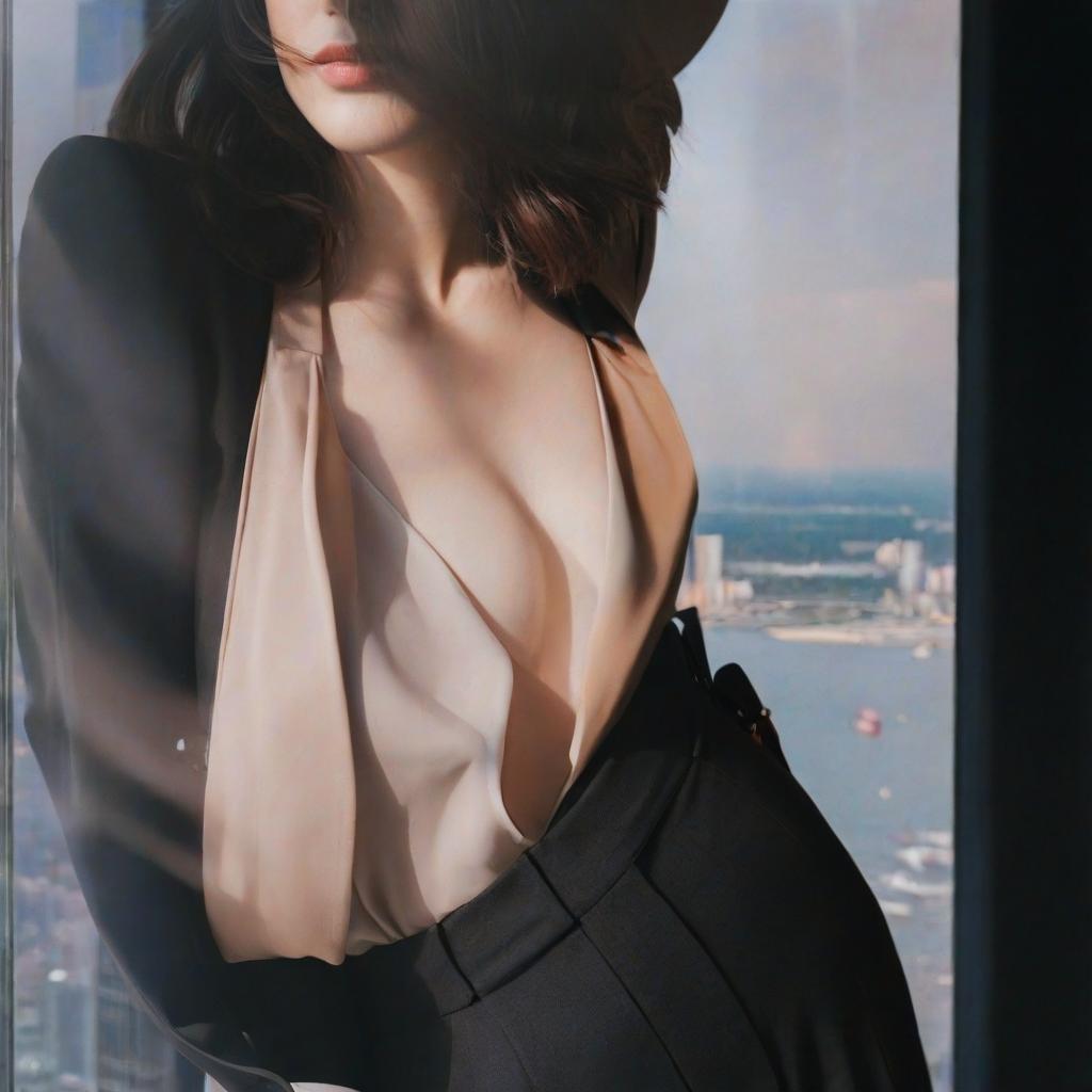  a woman with shoulder length brown hair is wearing a professional outfit consisting of a navy blue blazer, a white button up shirt, and black dress pants. she is standing in front of a window with a city skyline in the background.