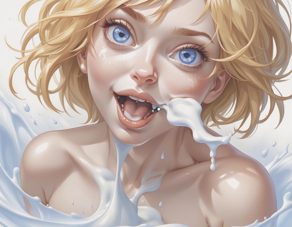  breathtaking photo realistic, drops of milk on the skin. mouth open, plump lips, ruddy cheeks, blue eyes, golden hair, naked . award winning, professional, highly detailed