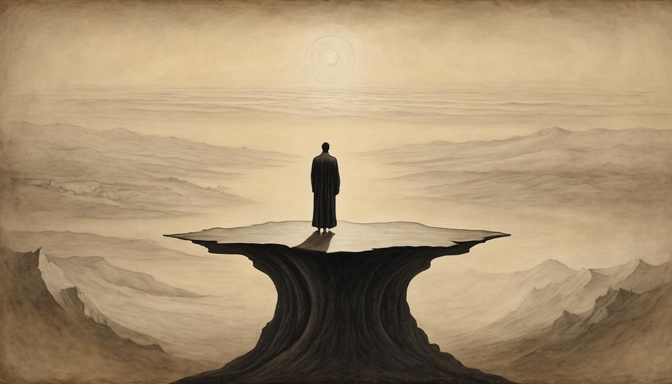  on parchment, surrealism++, isolated figure standing on an elevated platform, overlooking a vast, shadowy landscape, /aura of introspection, realization, and separation, distant horizon, dim, ambient light(mysterious, provocative, symbolic)++