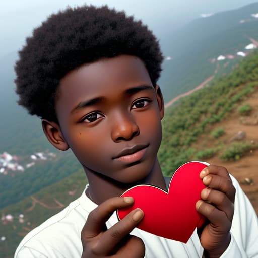  Fair skin Ghanaian boy holding a heart in his hands on a mountain